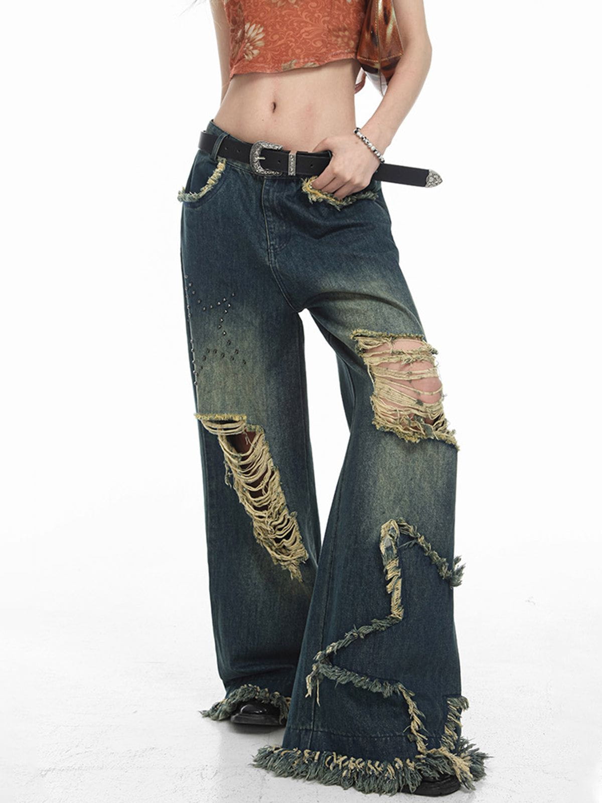 Distressed Star Wide Leg Denim