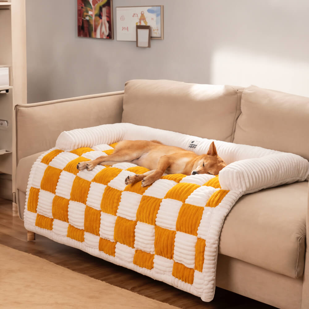 Cream Square Plaid Cozy Dog Mat Furniture Protector Abdeckung