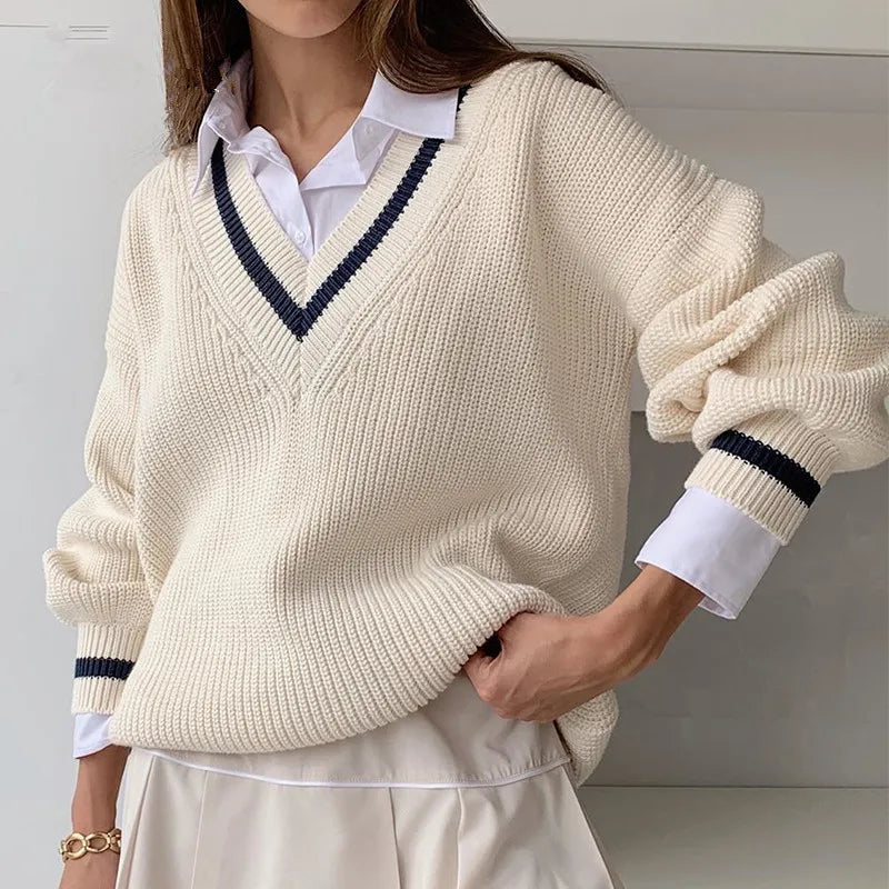 V-Neck Sweater Preppy-Look | Sweatshirt für Frauen